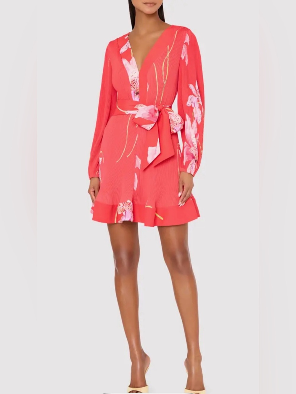Milly Liv Pleated Floral Mini Dress NWT Red Pink Tie Waist Size 12 $450 Pleated - Picture 13 of 13